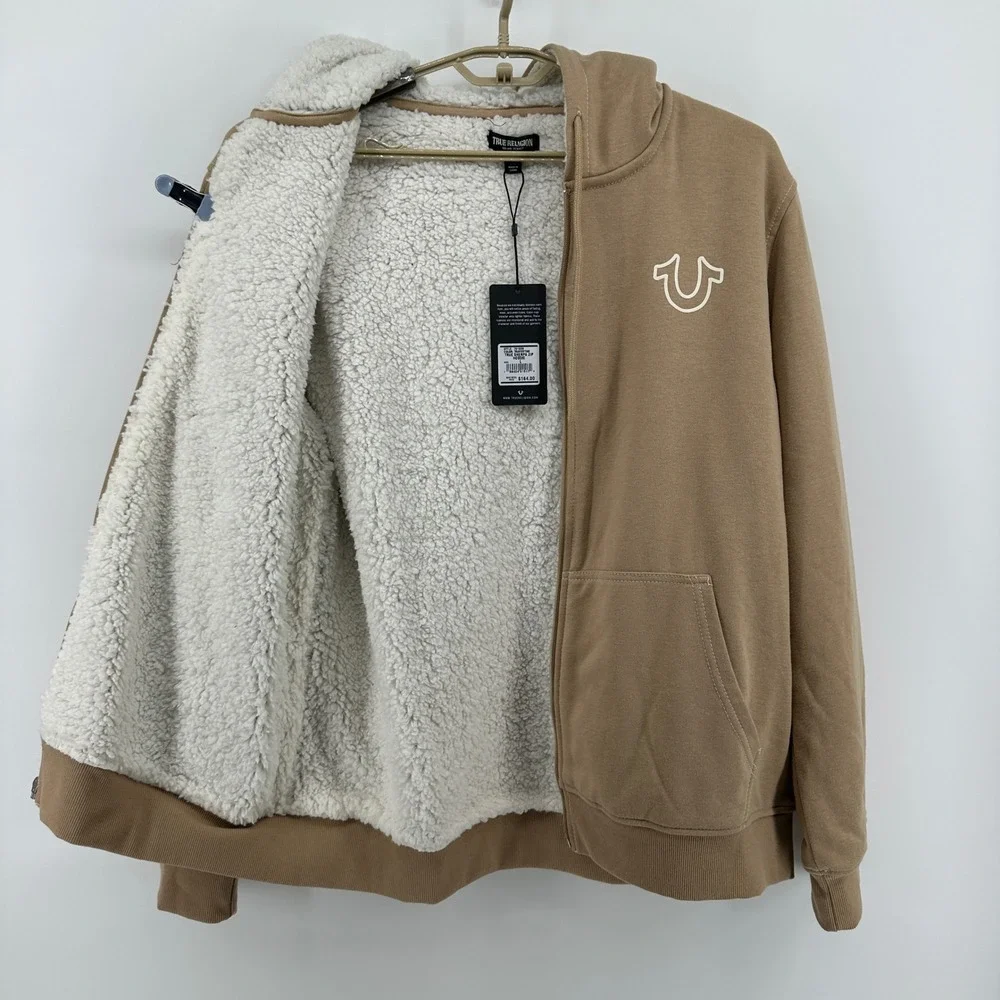 $164 NWT True Religion Mens LG True Sherpa Full Zip Hoodie Travertine Tan Buddha